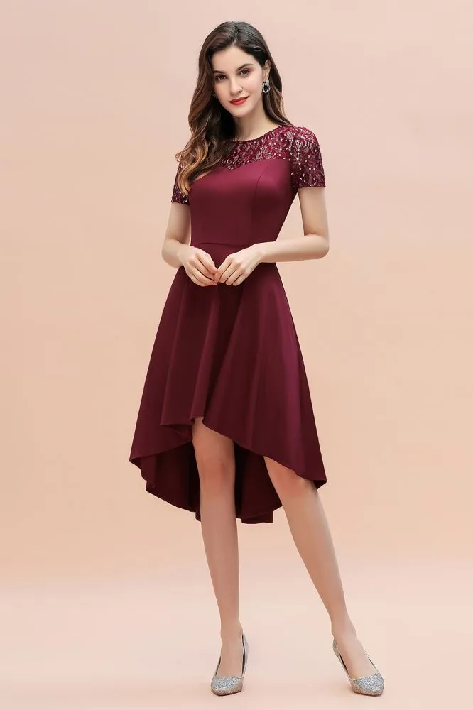 Short Sleeve Sequin Hi-Lo Cocktail Party Dress Burgundy Aline Daily Casual Dress