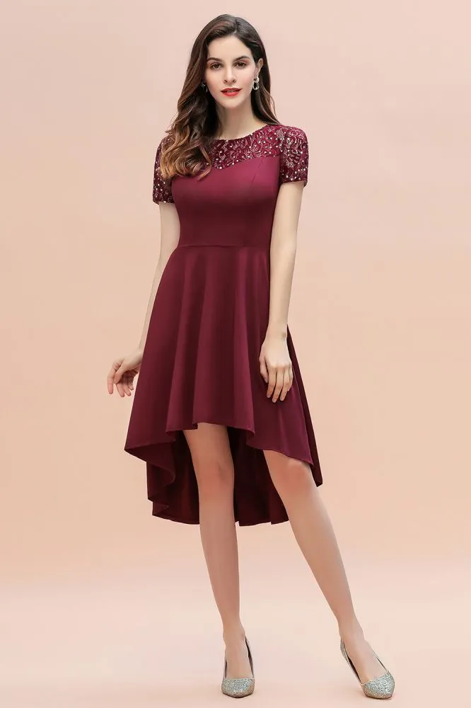 Short Sleeve Sequin Hi-Lo Cocktail Party Dress Burgundy Aline Daily Casual Dress