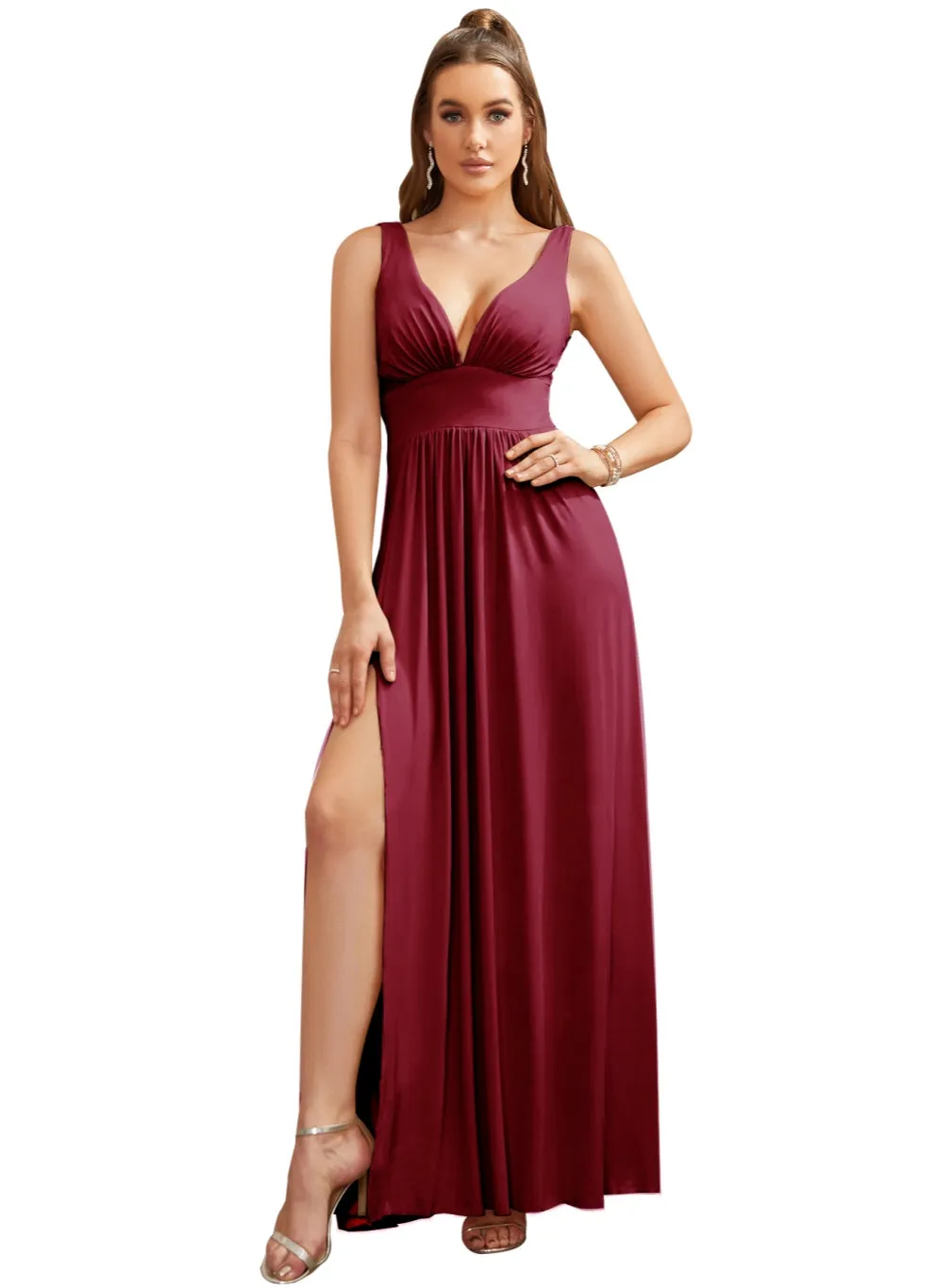 Sleeveless V-Neck Sleeveless Chiffon Bridesmaid Dress with Front Slit