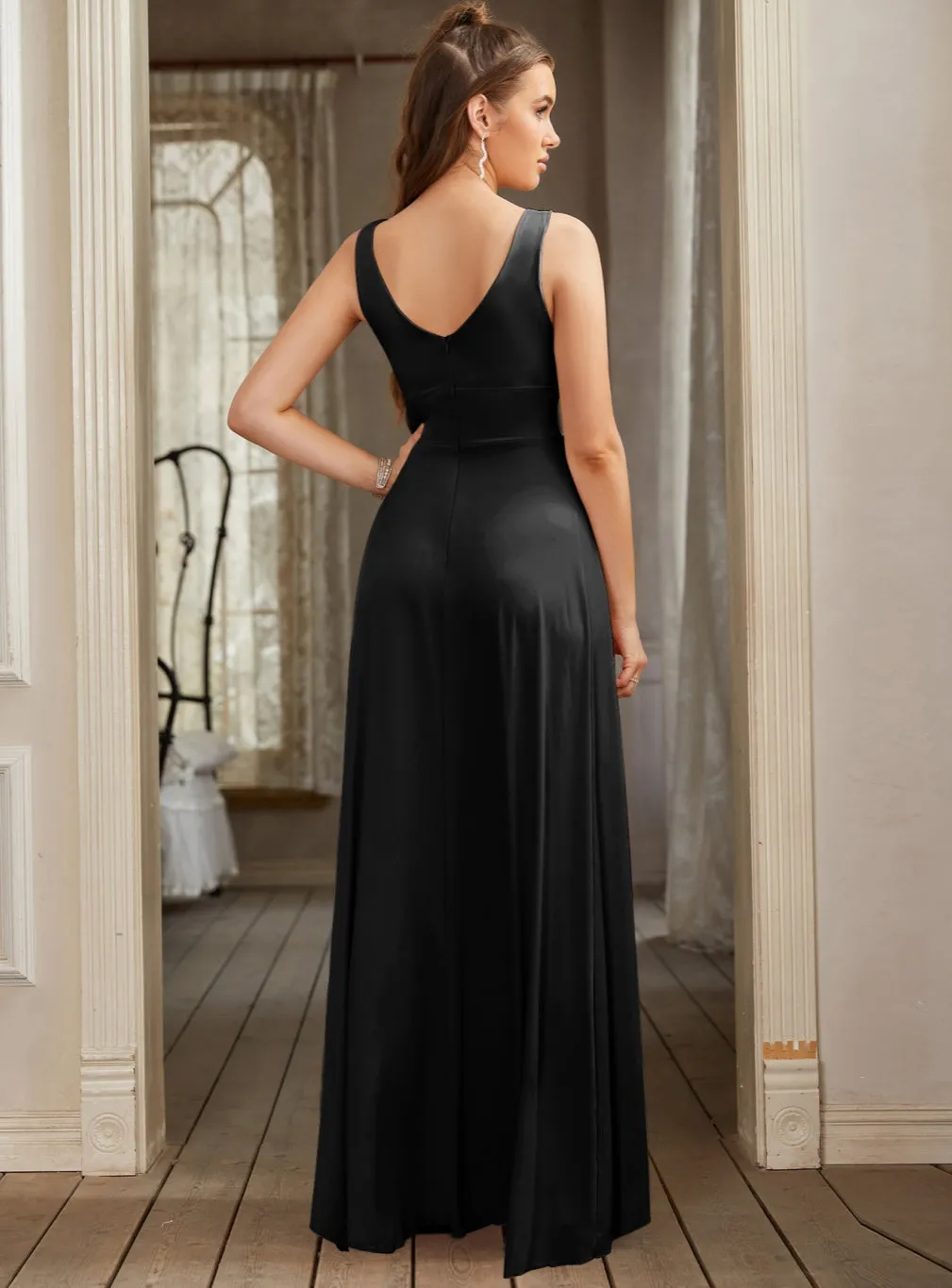 Sleeveless V-Neck Sleeveless Chiffon Bridesmaid Dress with Front Slit