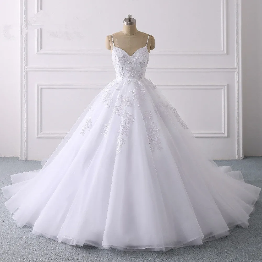 Spaghetti Strap V-Neck Tulle Wedding Dress with Lace Appliques