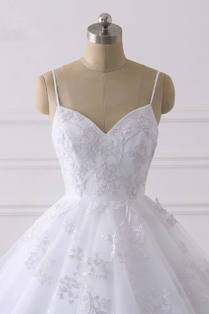 Spaghetti Strap V-Neck Tulle Wedding Dress with Lace Appliques