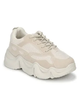 Stone Beige Lace-Up Chunky Sneakers With Cleated Sole