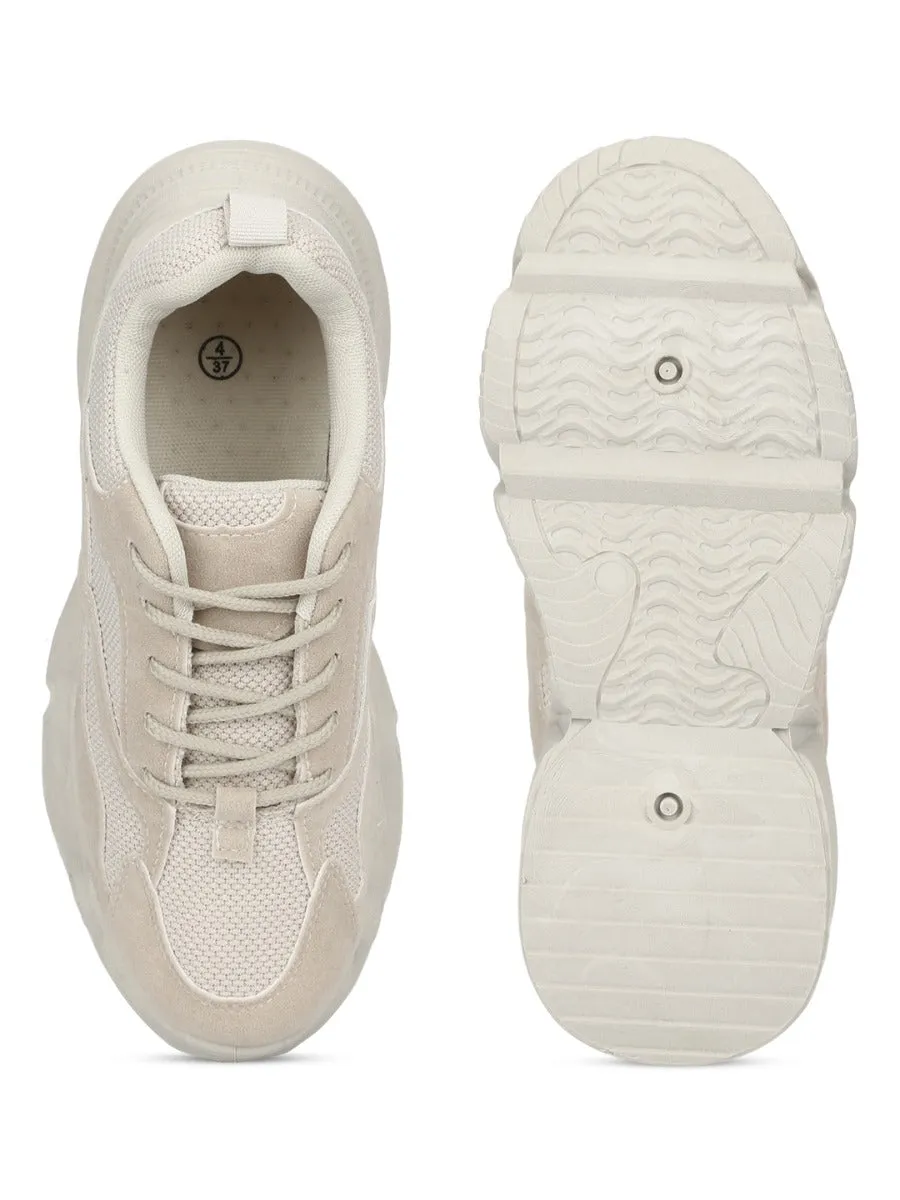 Stone Beige Lace-Up Chunky Sneakers With Cleated Sole