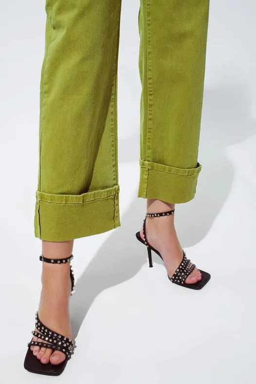 Straight Leg Jeans With Cropped Hem In Olive Green