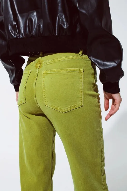 Straight Leg Jeans With Cropped Hem In Olive Green