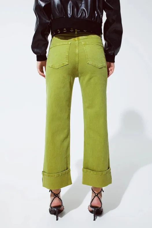 Straight Leg Jeans With Cropped Hem In Olive Green