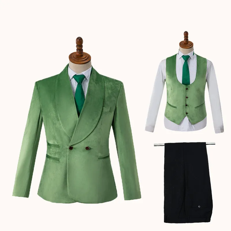 Vivian Modern Green Shawl Lapel Double-Breasted Velvet Suit