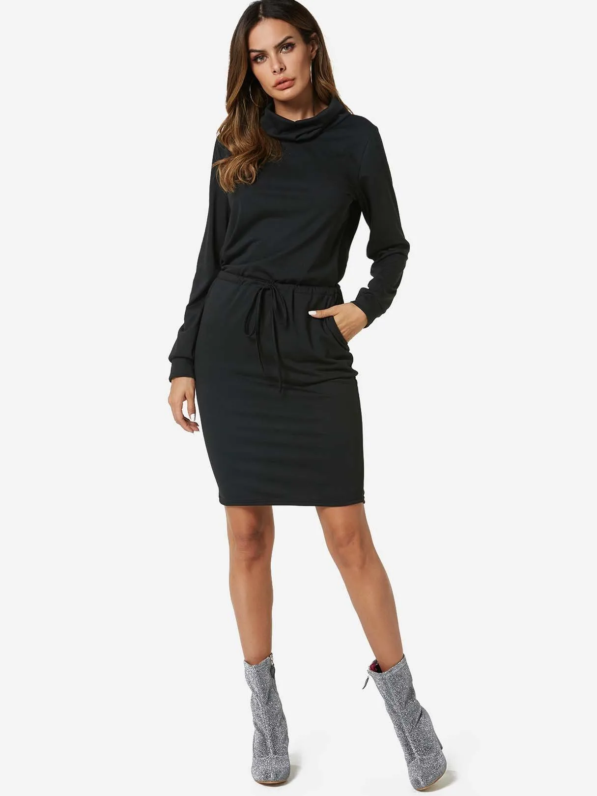 Wholesale Black High Neck Plain Side Pockets Self-Tie Casual Dress