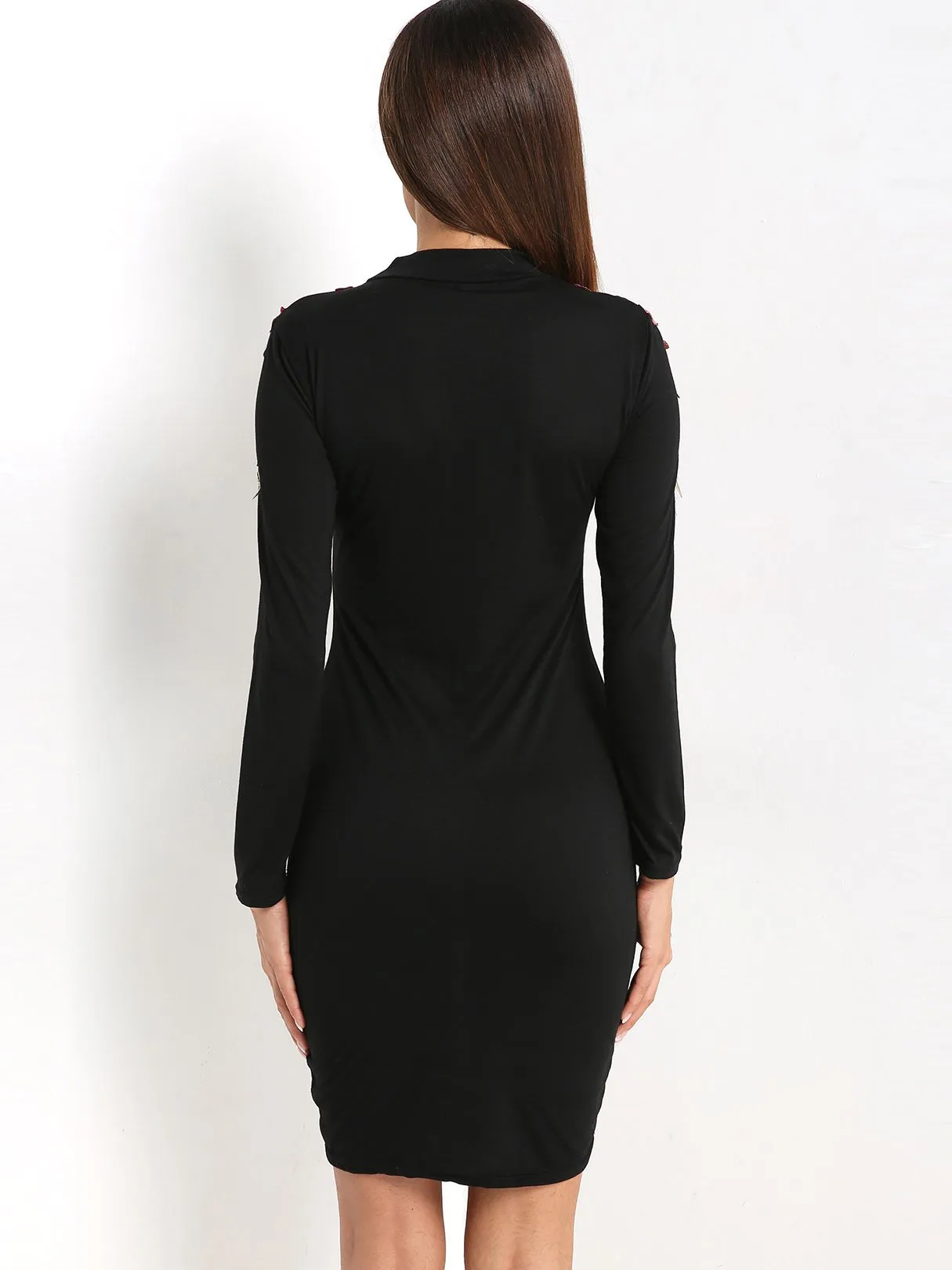 Wholesale Black Round Neck Long Sleeve Embroidered Bodycon Casual Dress