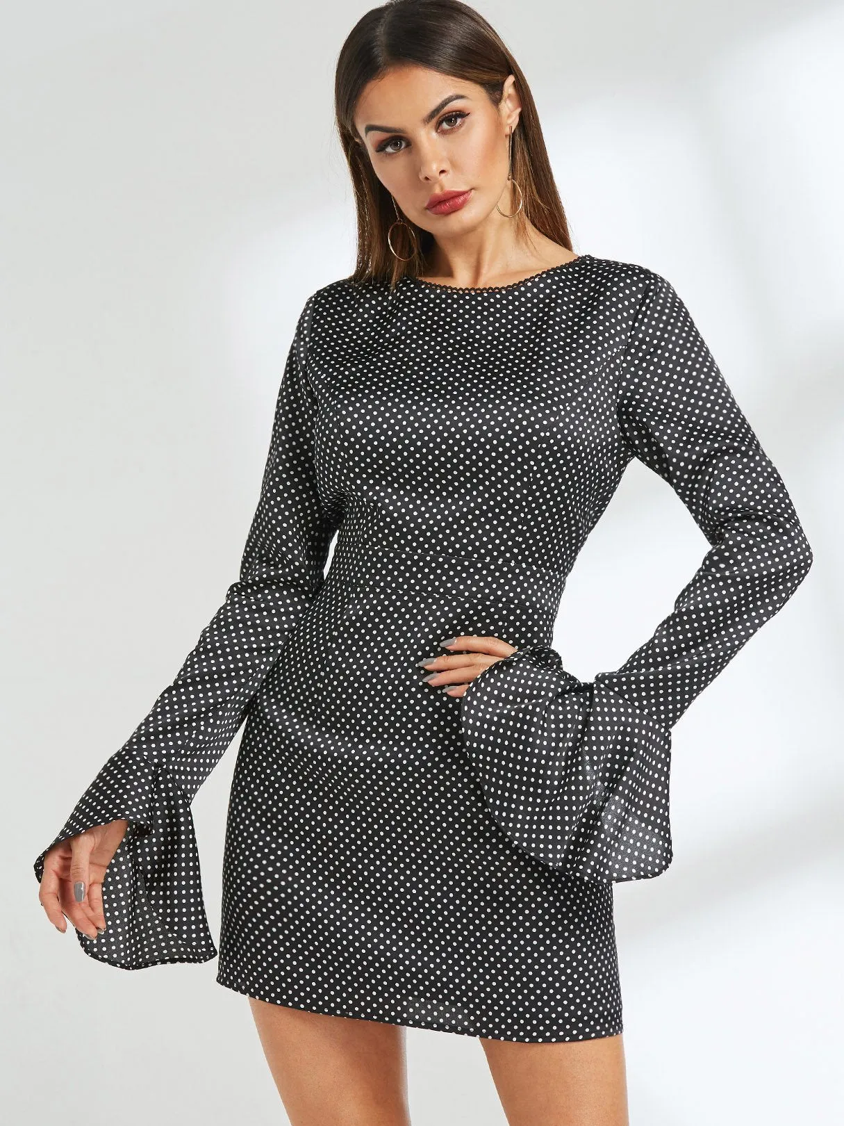 Wholesale Round Neck Polka Dot Backless Long Sleeve Black Casual Dresses