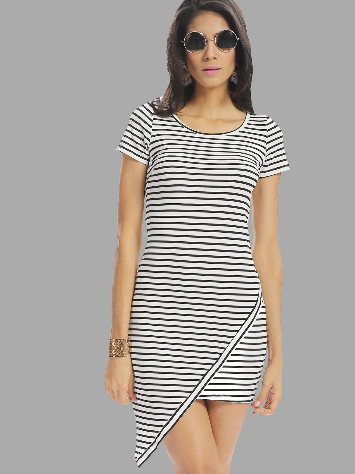 Wholesale Round Neck Stripe Irregular Hem Casual Dress